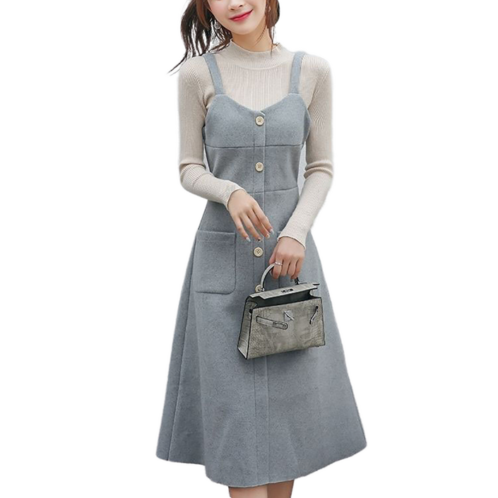 셀럽당 여성 모직 멜빵 원피스 미디 레깅스+멜빵 스커트 투피스