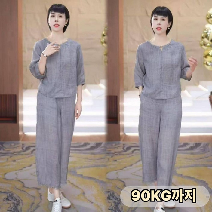 UNIQUEZON 중년여성 여름 린넨 투피스 세트 긴팔티 와이트 팬츠 상하의 50대60대 빅사이즈