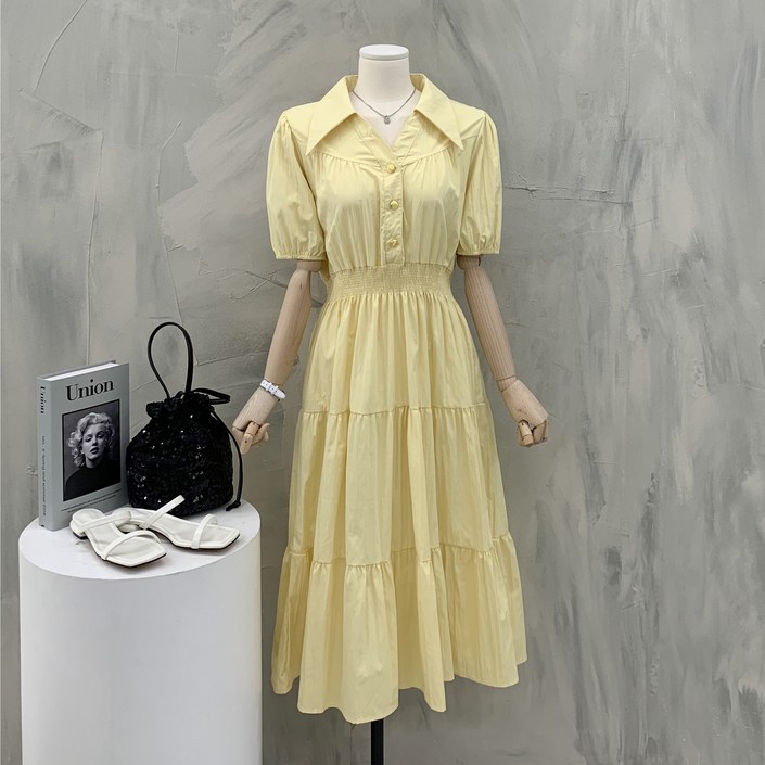 행복여 오브 골드 단추 셔링 오픈 카라 플레어 원피스