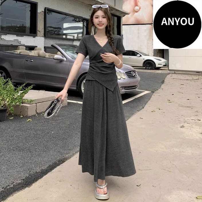 ANYOU 여성 세트 여름 반팔 상의스커트 세트