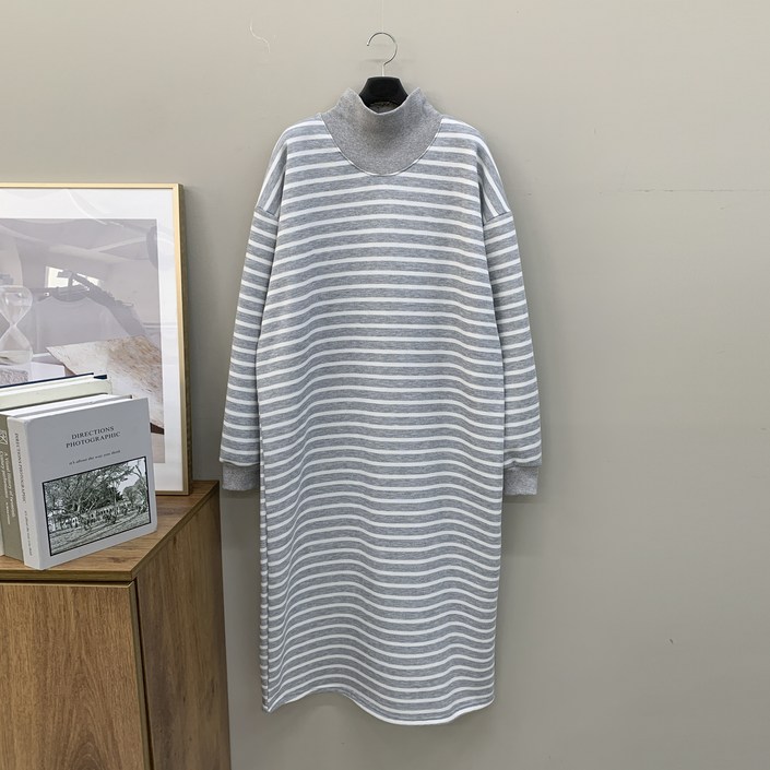 행복여 보니 스트라이프 캐쥬얼 루즈핏 반목 기모 원피스