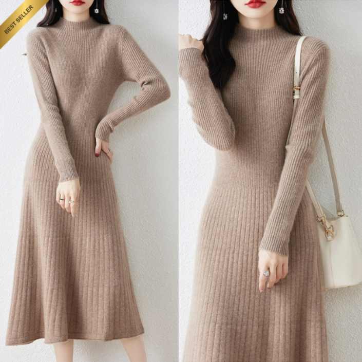 산들라 세미터틀넥 메리노울 니트 롱원피스 여성 겨울 봄 플레어핏 하객룩 데일리룩