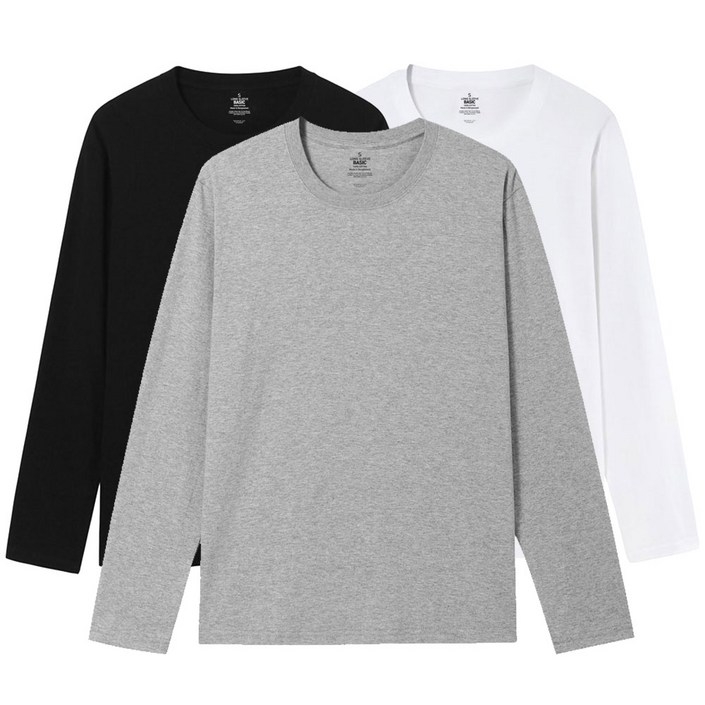 라이프폼 3장1세트 남성 여성 순면100 무지 라운드 긴팔 무지티 기본티 티셔츠 흰티 면티 긴팔티