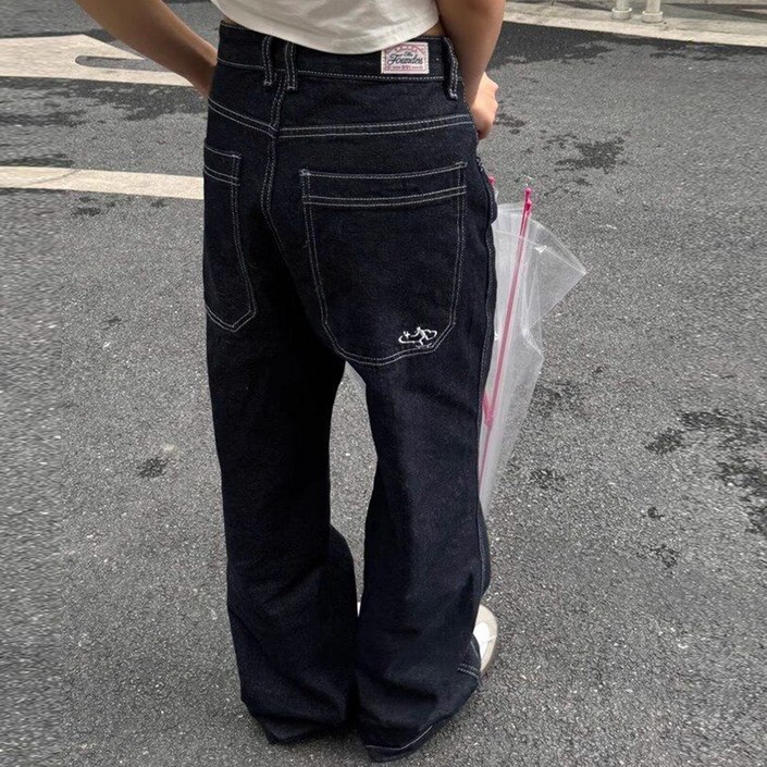 러우 여성 청바지 생지 스티치 블랙 진청 스트레이트 일자핏 데님 팬츠