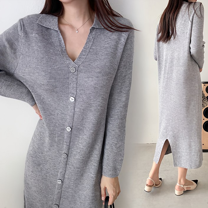 NewCare 여성 니트 롱 원피스 브이넥 카라 단추 뒷트임