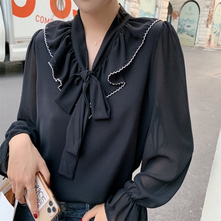 끄니스토어 리본 쉬폰 블라우스 여성남방 예쁜남방