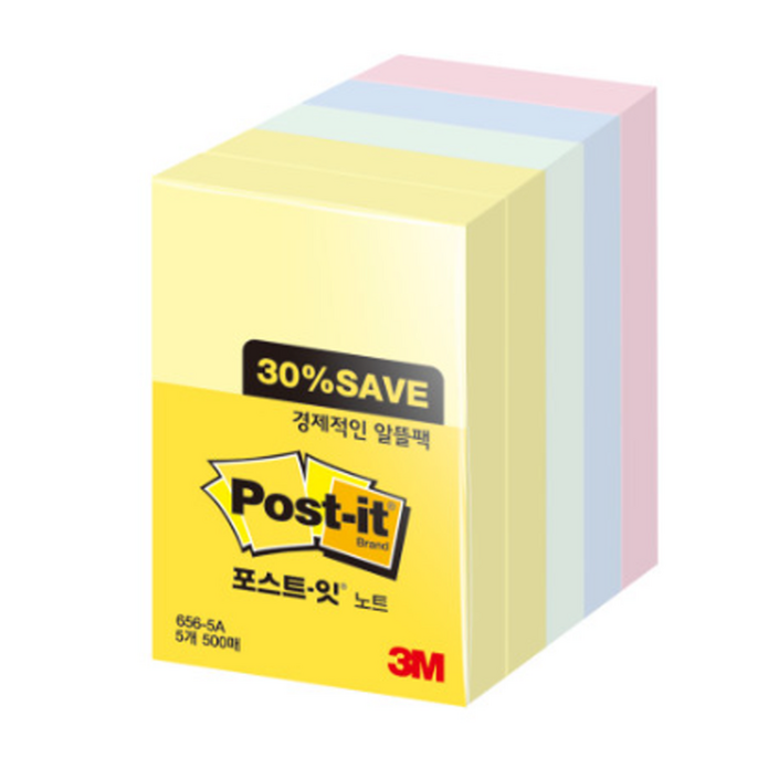 포스트잇 노트 알뜰팩 656-5A, 노랑 + 애플민트 + 크림블루 + 러블리핑크, 1개