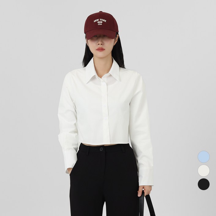 VINIVIDI 여성 베이직 심플 카라 무지 크롭 긴팔 유니크 데일리 셔츠