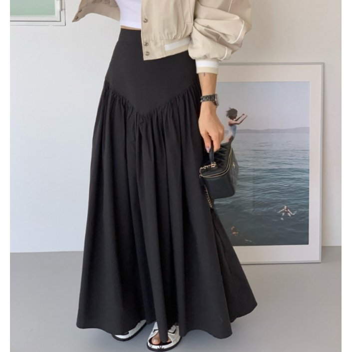 오브제스트 네트 셀럽 인스 단색 하이웨이스트 라인 스커트 얇은 미디 요정 매칭 모든 것을 보여줌 롱스커트