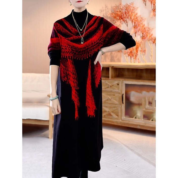 COSYEVNO 중년 엄마 긴팔 원피스 겨울 반하이넥 프린트 빈티지 아트웍 루즈핏 멋스러운 40-50대 미디스커트 CXJmmlyq-29