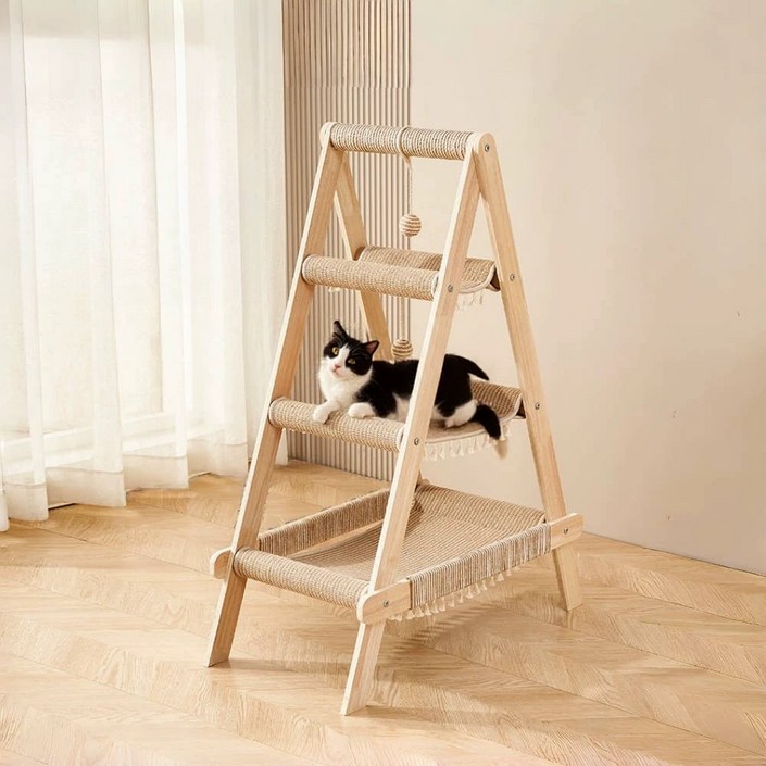 SAIVEINA 고양이 3단 A형 캣트리 조립 쉬움 사계절 사용 안전하고 튼튼한 캣타워 프리미엄 원목 다묘가정 고양이 해먹, 1개, 베이지