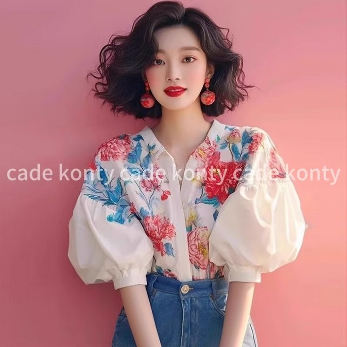 cade konty퍼프소매여름블라우스 플라워블라우스 화이트 반팔 셔츠cade konty