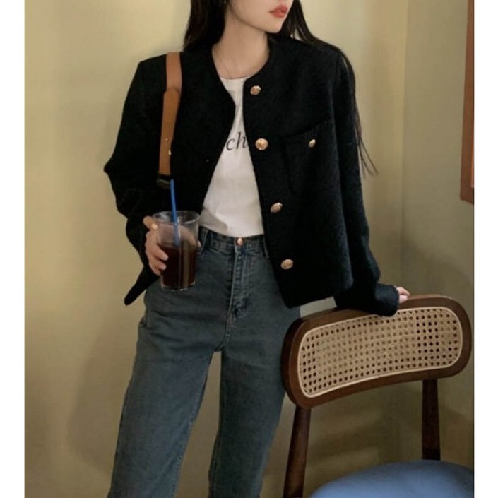 심플 숏 트위드 재킷 긴팔 블랙 크롭 코트 여성자켓 데일리 출근룩 코디 블레이저 데이트룩