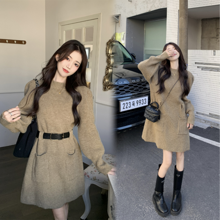 Asure 가을 겨울 니트원피스 슬림핏 원피스 벨트 추가