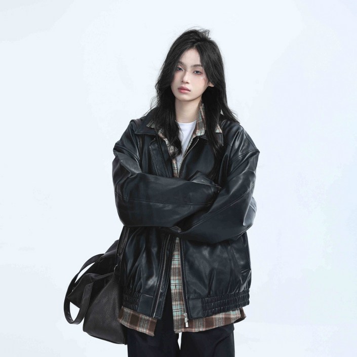 BLACK K7 여성 봄가을 오버핏 블랙 바이커 스타일 가죽 자켓 상의