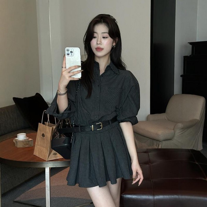 해피유통    여성스러운 허리 조임 체크 셔츠 원피스 가을 숏 긴팔 원피스 패션 원피스   BJJ001