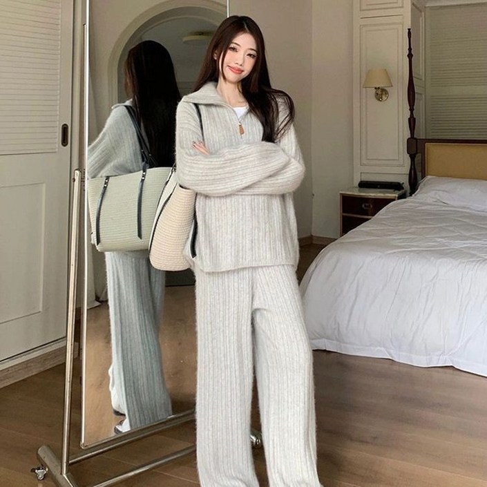 AOKADA 여성 가을 겨울 오버핏 반집업 스트라이프 니트 맨투맨 와이드 팬츠 투피스 상하의 세트