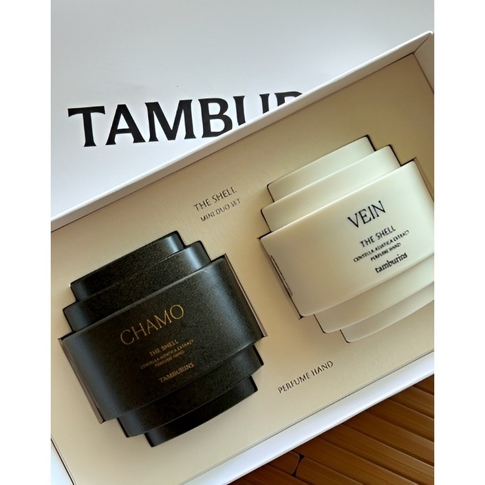 선물포장 BEST TAMBURINS 탬버린즈 퍼퓸 핸드크림 카모 베인 미니 듀오 선물 세트 CHAMO 15ML VEIN 15ML