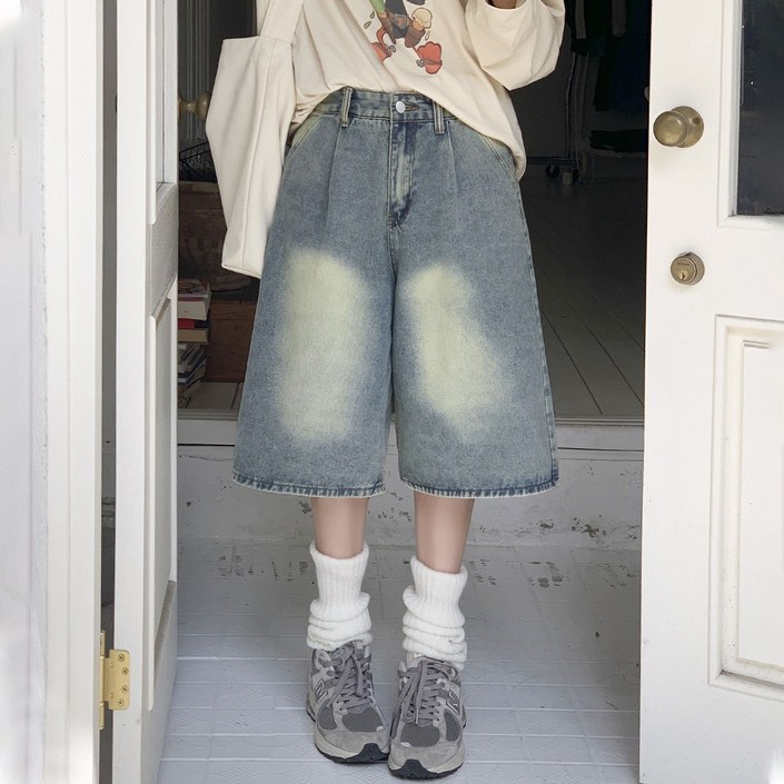 앤샵 남녀공용당일출고2XL빅사이즈 원스 데일리 핀턱 와이드 워싱 데님 버뮤다팬츠 버뮤다 반바지 청반바지4color