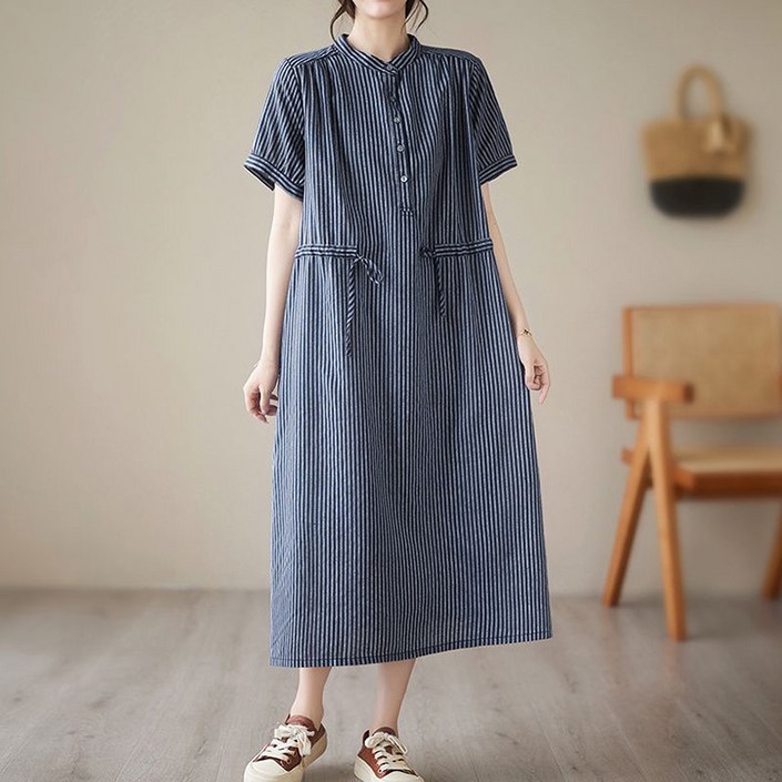 여름 여성 캐주얼 스트라이프 셔츠 롱스커트 박시 반팔 면 린넨 원피스