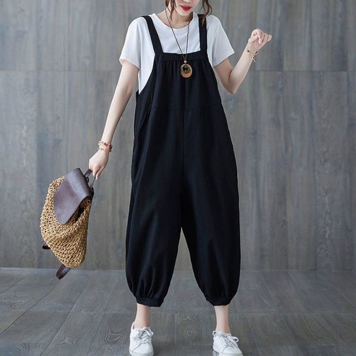 해피유통 여성 름 캐주얼룩 면마 혼방 와이드 멜빵 점프수트 무버튼 밴딩 바지단 디자인 9부 바지M05