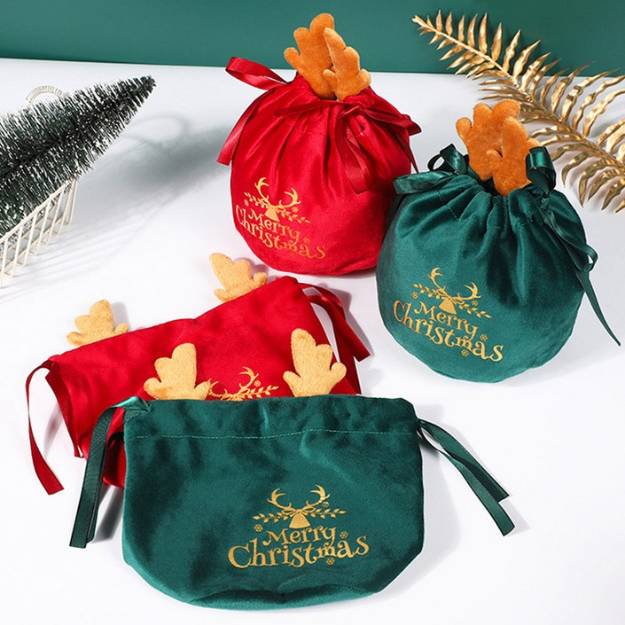 크리스마스 선물 소품 포장 루돌프 주머니 복조리 복주머니 벨벳 파우치 4P 세트, 1세트, 혼합레드2개그린2개