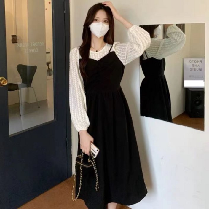 네디아 긴팔 슬림 페이크 투피스 미디 원피스 스몰부터 빅사이즈까지 레이스 드레스