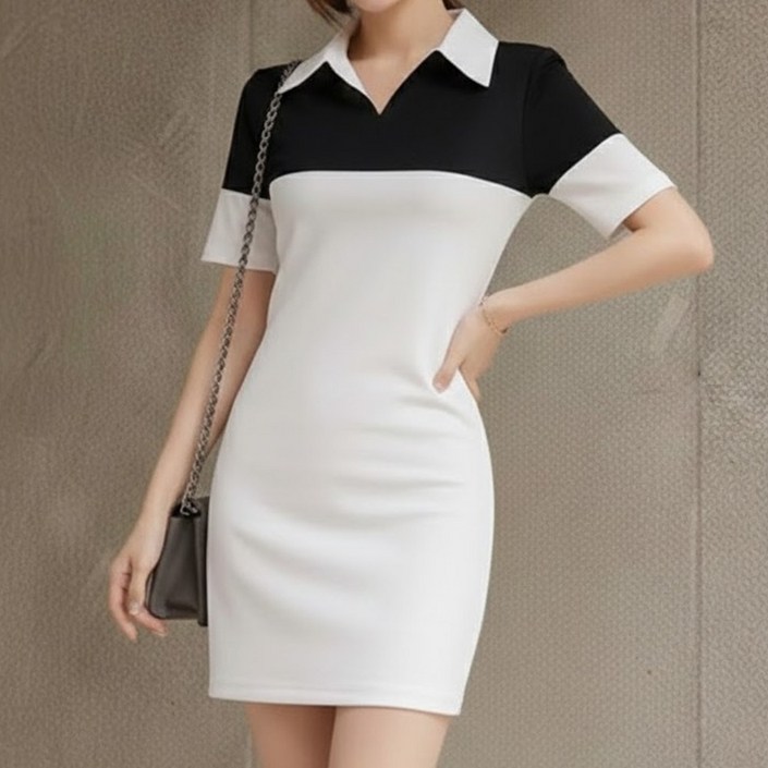 밍키비 100239C 슬림핏 정장 배색 카라넥 여성 미니원피스