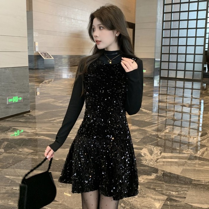 페이준 여성 가을 겨울 데일리 심플 통근 긴팔 코디세트 스팽글 반짝이 슬림핏 A라인 민소매 원피스  반목 니트 투피스   YF12A851