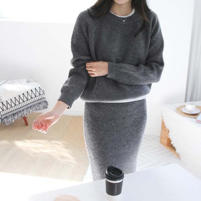 봉봉스토리 매시트 니트티 스커트 여성용 투피스 세트