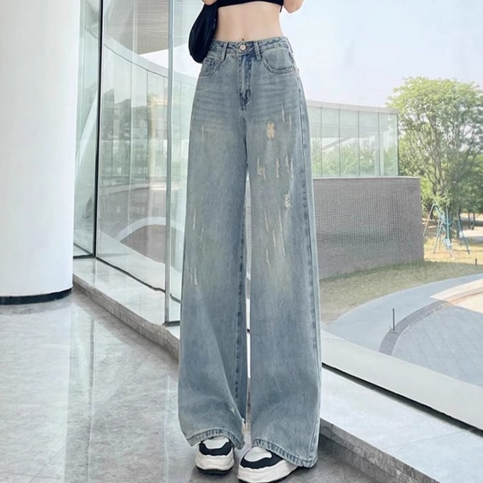 lofei 여성 하이웨이스트 스트레이트 데님 팬츠 봄 KZ21