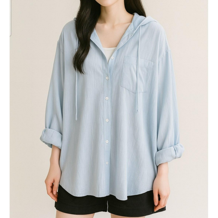MOMOKA 후드포켓남방 여성 빅사이즈 오버핏 롱셔츠
