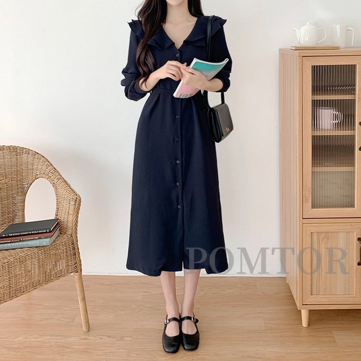 POMTOR 여성 봄가을 기질 프릴 이중 넥 롱 허리조임 긴팔 원피스