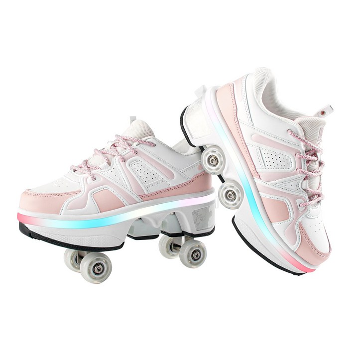 축소 가능한 롤러스케이트 성인 롤러스케이트 4륜 스케이트 밤에 빛나는 LED등 롤러스케이트, 흰분홍색505, 1개