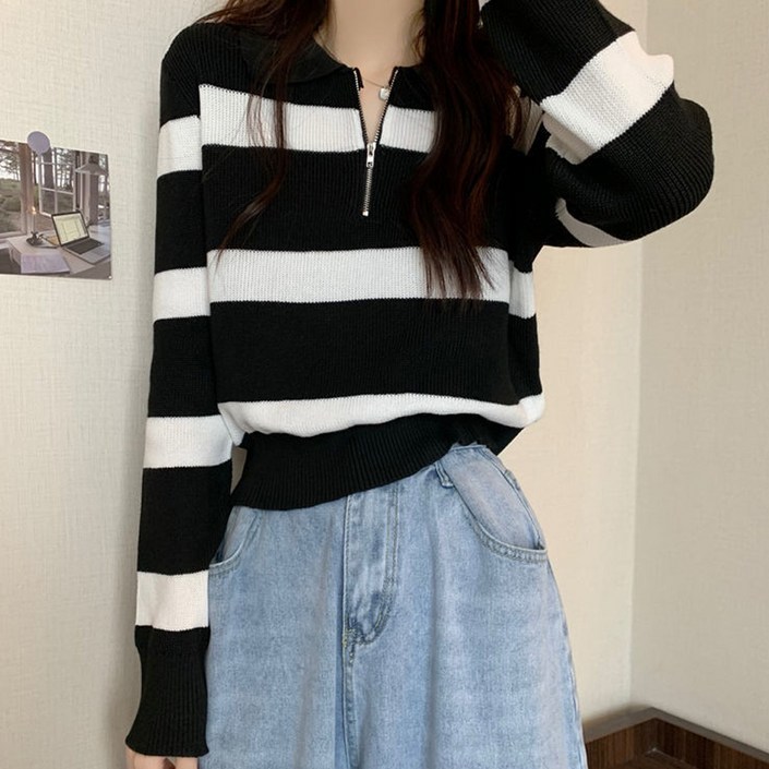 후암마켓 여성 심플 카라 배색 스트라이프 반집업 긴팔 니트티 후암마켓 여성 심플 카라 배색 스트라이프 반집업 긴팔 니트티