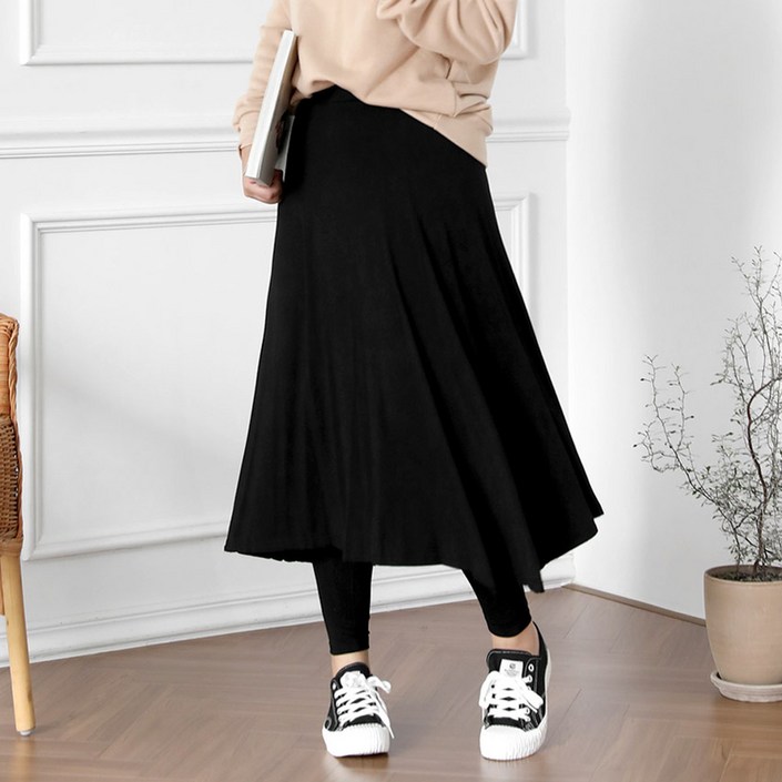 빅사이즈 스판 A라인 롱플레어 치렝스 밴딩 치마 레깅스