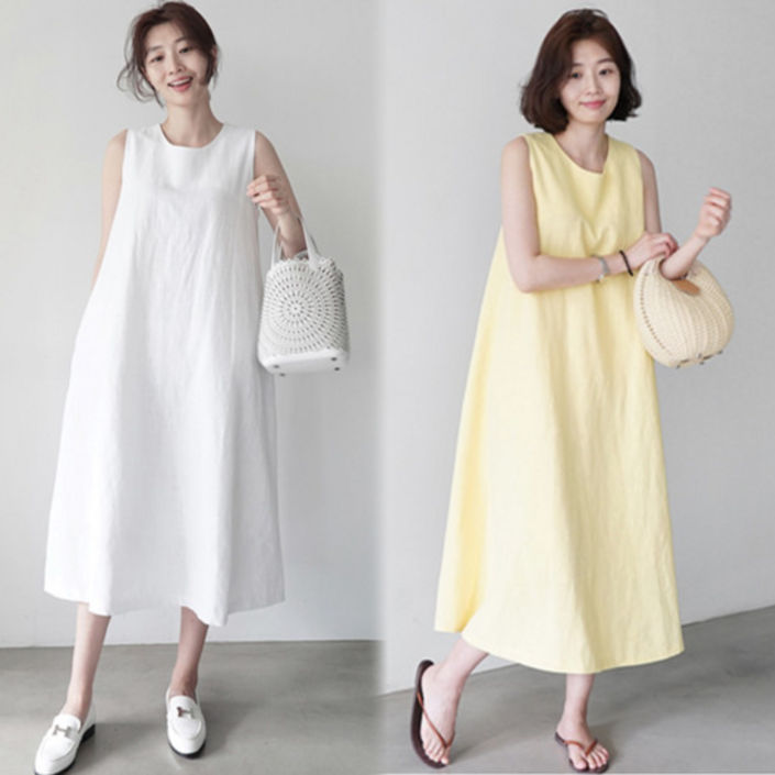 에쥬아 데일리 민소매 원피스 루즈핏  A라인 린넨 롱원피스 면마 플레어 원피스
