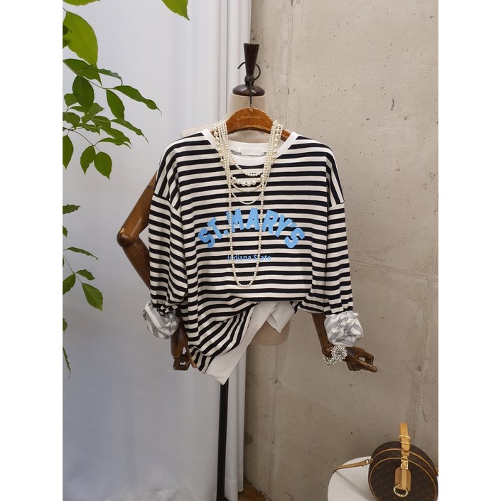 가을신상 무배 메리스 레터링 스트라이프 라운드 긴팔 맨투맨