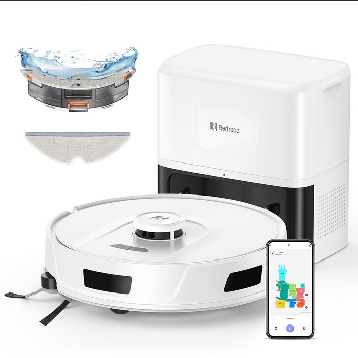 Redroad R11 LDS센서 2in1 물걸레 로봇청소기 강력한 10000Pa 흡입력 사이드 브러쉬 확장 특허 기술 먼지비움 어플연동, R11