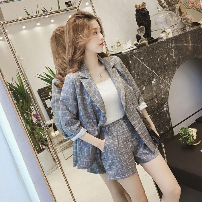 해피유통 여성 정장세트 여름 신상 체크 정장 반바지 캐주얼 패션 슈트  jhfxx