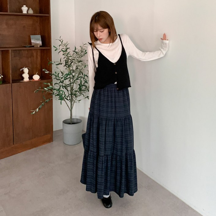 시크블랙 카이론 밴딩 체크 캉캉 롱 스커트 cpsk7333k57
