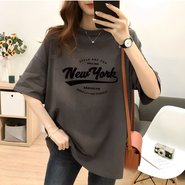스타일아유 여성 면100 여름용 오버핏 반팔 티셔츠 순면 빅사이즈 원작 Newyork 레터링 루즈핏 반팔티 롱티 자체제작