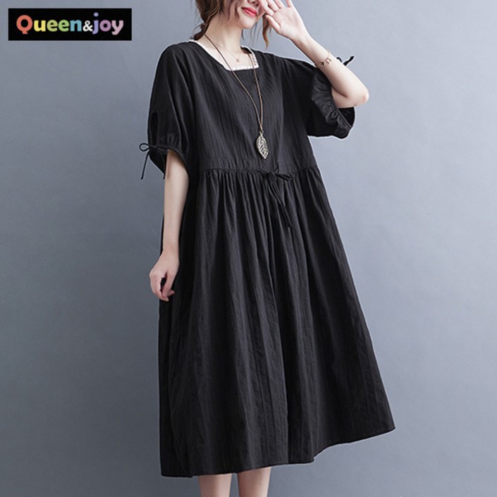 퀸앤조이 비기닝 린넨 스트링 루즈핏 반팔 롱원피스판매자 SSK무역