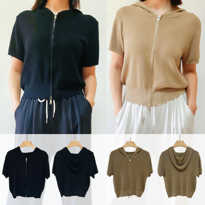 와이와이YY집업 후드 일체 반소매 니트 블라우스