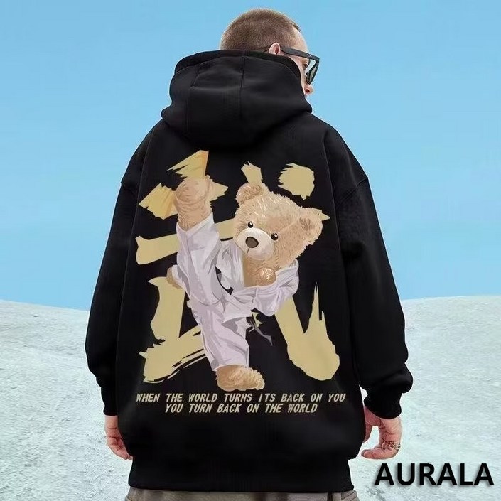 AURALA 남자 빅사이즈 기모 후드티 오버핏 가을 겨울 캐릭터 프린팅 후드티 맨투맨