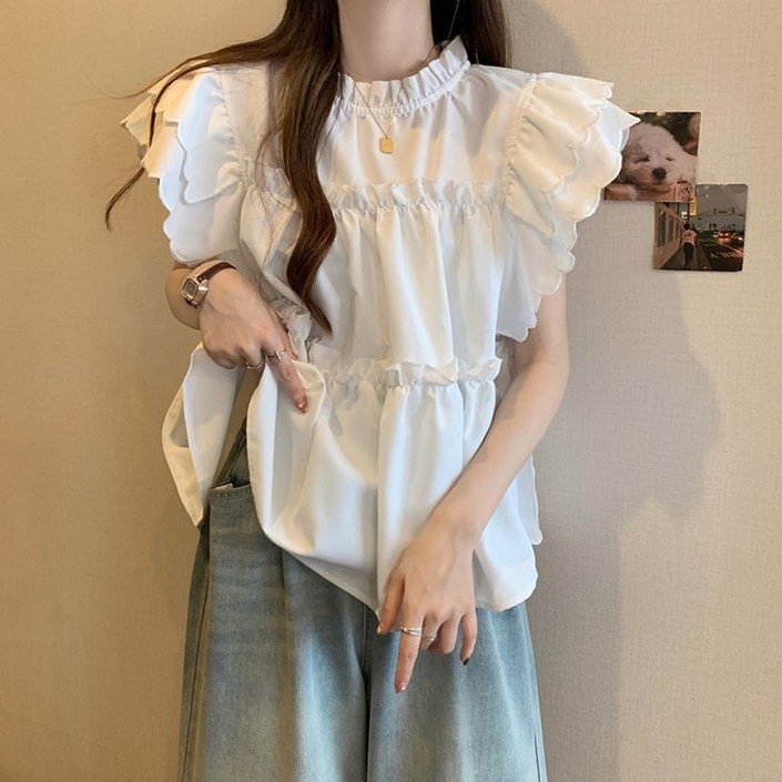 크레스티 여성 여름 벌룬 프릴 반팔 일상 숙녀 블라우스 루즈 톱