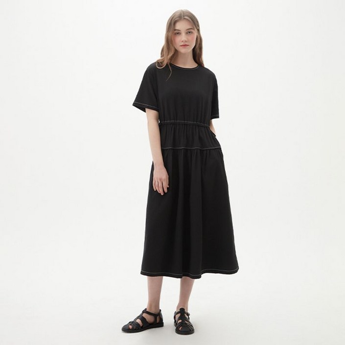 플라스틱아일랜드 배색스티치 허리스트링 롱 원피스 PQ2WO483