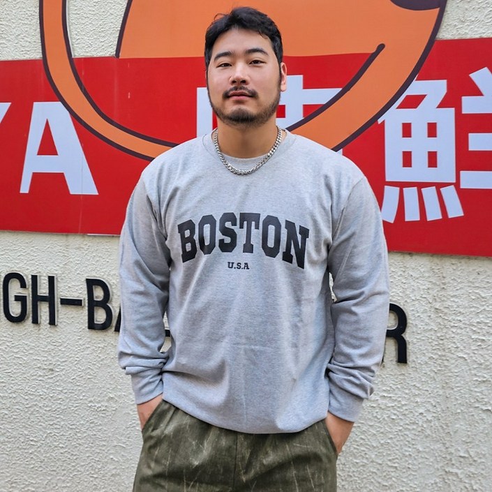 남자 빅사이즈 보스턴 레터링 맨투맨 EK 봄 가을 간절기 긴팔 라운드넥 긴소매 티셔츠