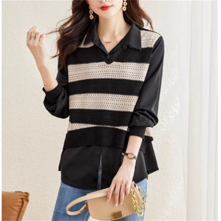 딜마켓 내랑상의  여성 스트라이프 긴팔 이중 카라 티셔츠 상의