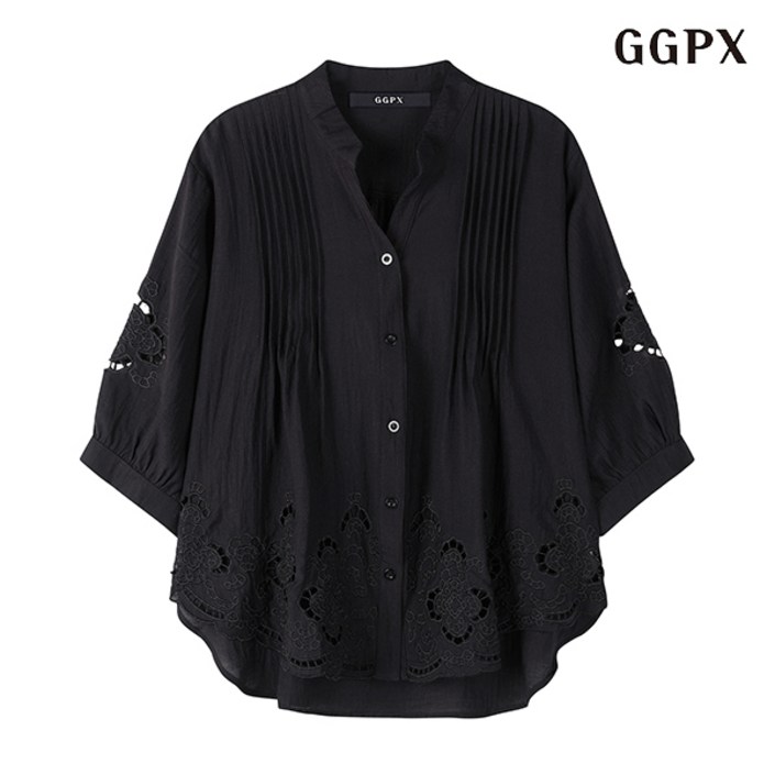 GGPX 플라워 펀칭 트임넥 루즈핏 핀턱 블라우스 (GOBBA015D)